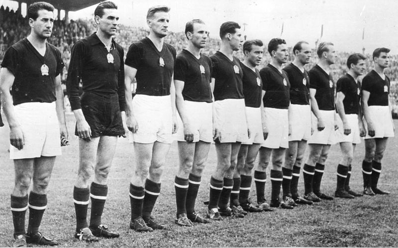 The Golden Team without Puskás, semi-final match in Lausanne, 30 June 1954, Hungary-Uruguay (4:2).